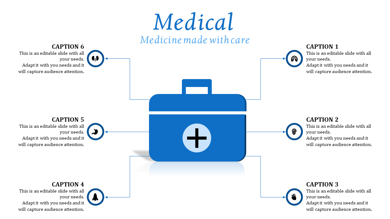 Central blue medical kit icon with six surrounding circular icons connected by arrows, with caption spaces beside each.