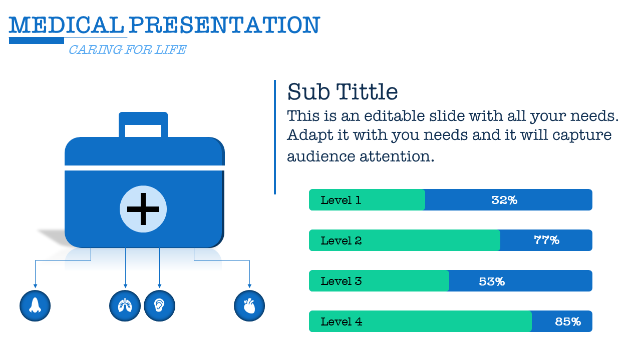 Medical PowerPoint slide featuring a first aid kit and bar charts representing various health levels.