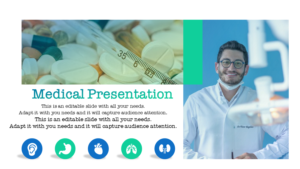 Split layout showing pills and a doctor in white coat, with title and health icons below for different body parts.