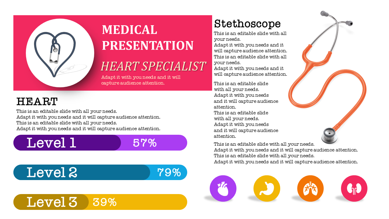 Medical PowerPoint slide featuring a heart specialist with a stethoscope and progress bars for levels.