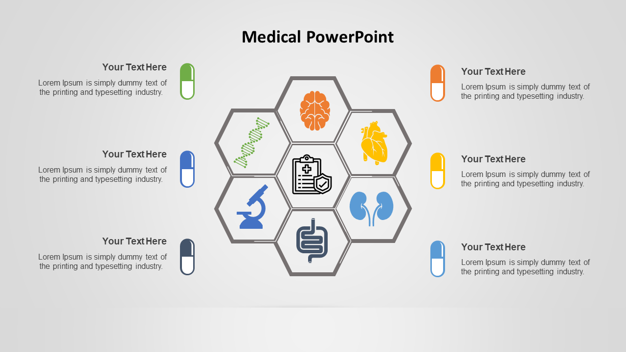 Healthcare-themed hexagon layout showcasing icons like a clipboard, intestine, and microscope, with caption areas.