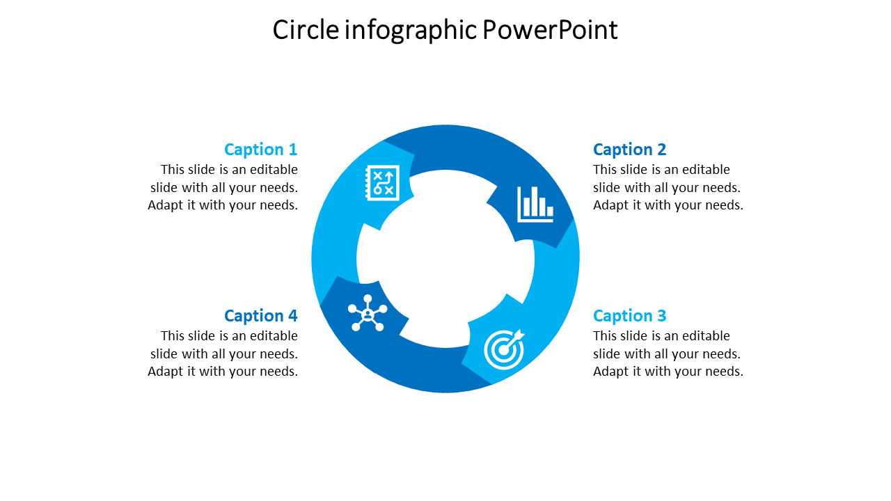 Circular infographic slide with four segments, each featuring icons and captions around the circle.