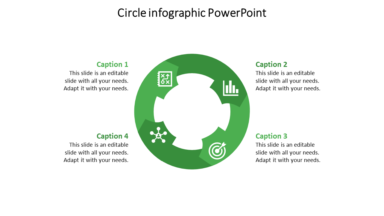 Template with a green circle, divided into four sections, each with an icon and caption around it.