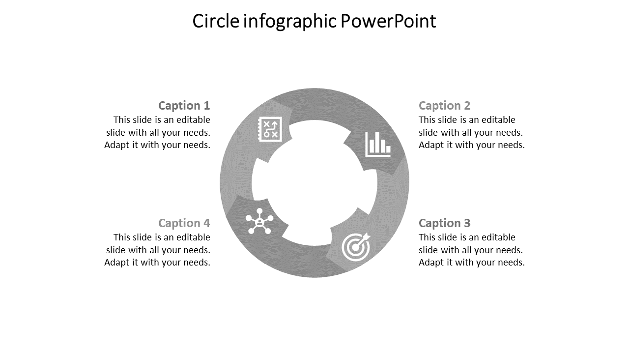 Grey circle infographic PowerPoint template with four sections, each containing icons for different business concepts.