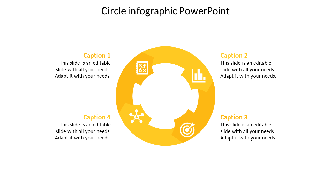 Yellow circle infographic PowerPoint template with four sections, each containing icons for different business concepts.