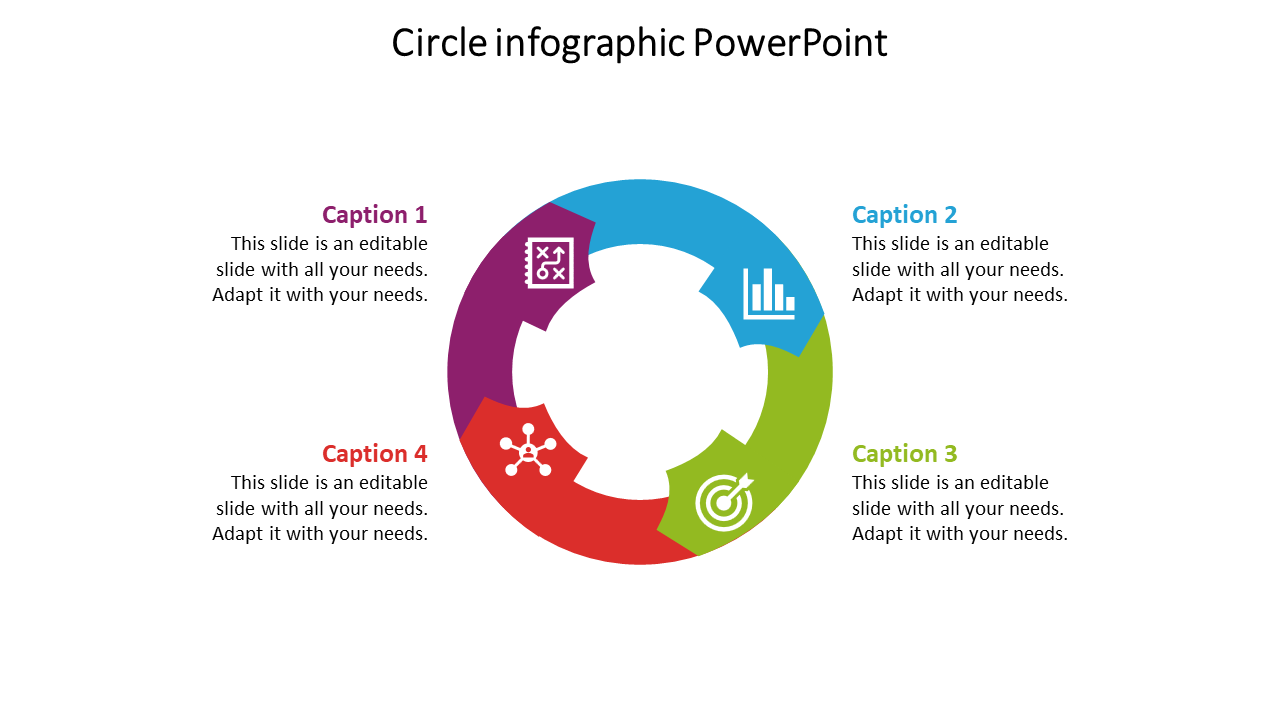 Colorful circle infographic template with icons and placeholder text.