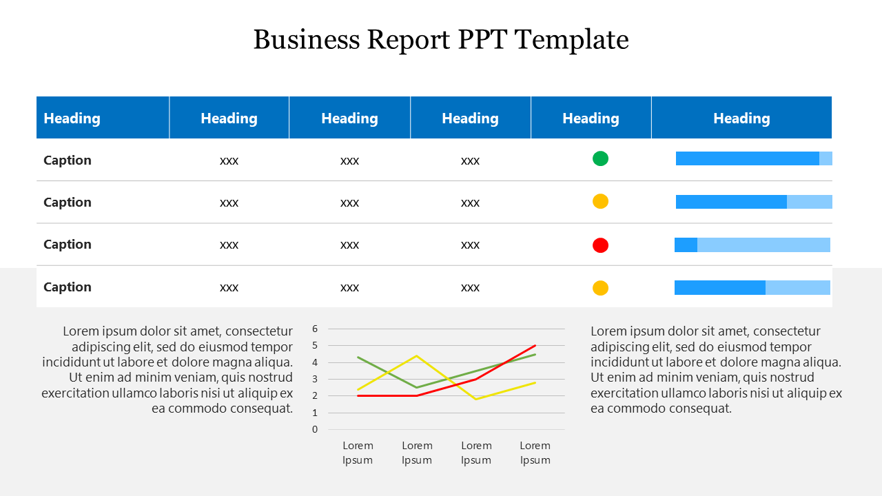 Business report template with a table displaying rows of data and a line chart below