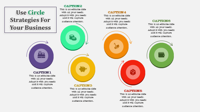 Six-step process diagram with vibrant circles, icons, and connecting arrows for business strategies.