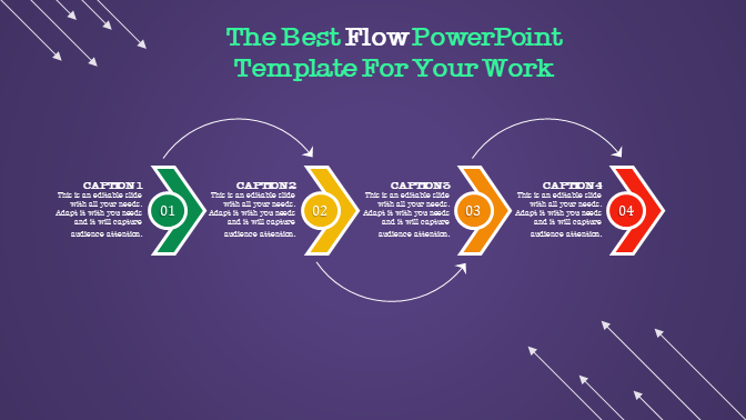 Colorful flow PowerPoint template with four steps labeled 1 to 4 on a purple background.