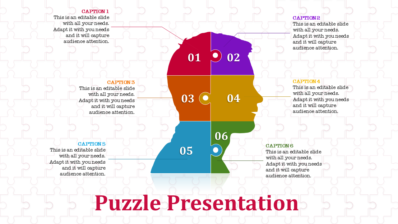 Puzzle PPT template featuring a profile silhouette divided into six colorful sections, each with a corresponding caption.