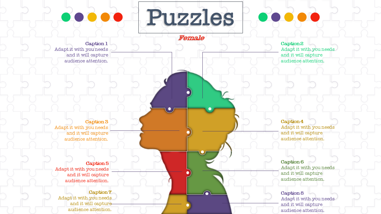 PowerPoint template featuring a colorful puzzle piece silhouette of a female head, with eight captions.