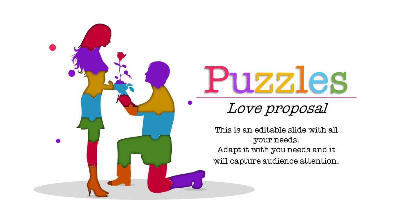 Illustration of a puzzle piece couple of a kneeling person giving a flower to another, with vibrant rainbow colored text.