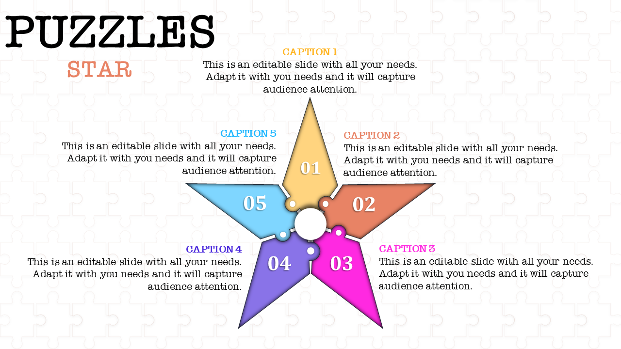 Star-shaped puzzle infographic with five colorful sections labeled from 01 to 05, each with captions around the star.