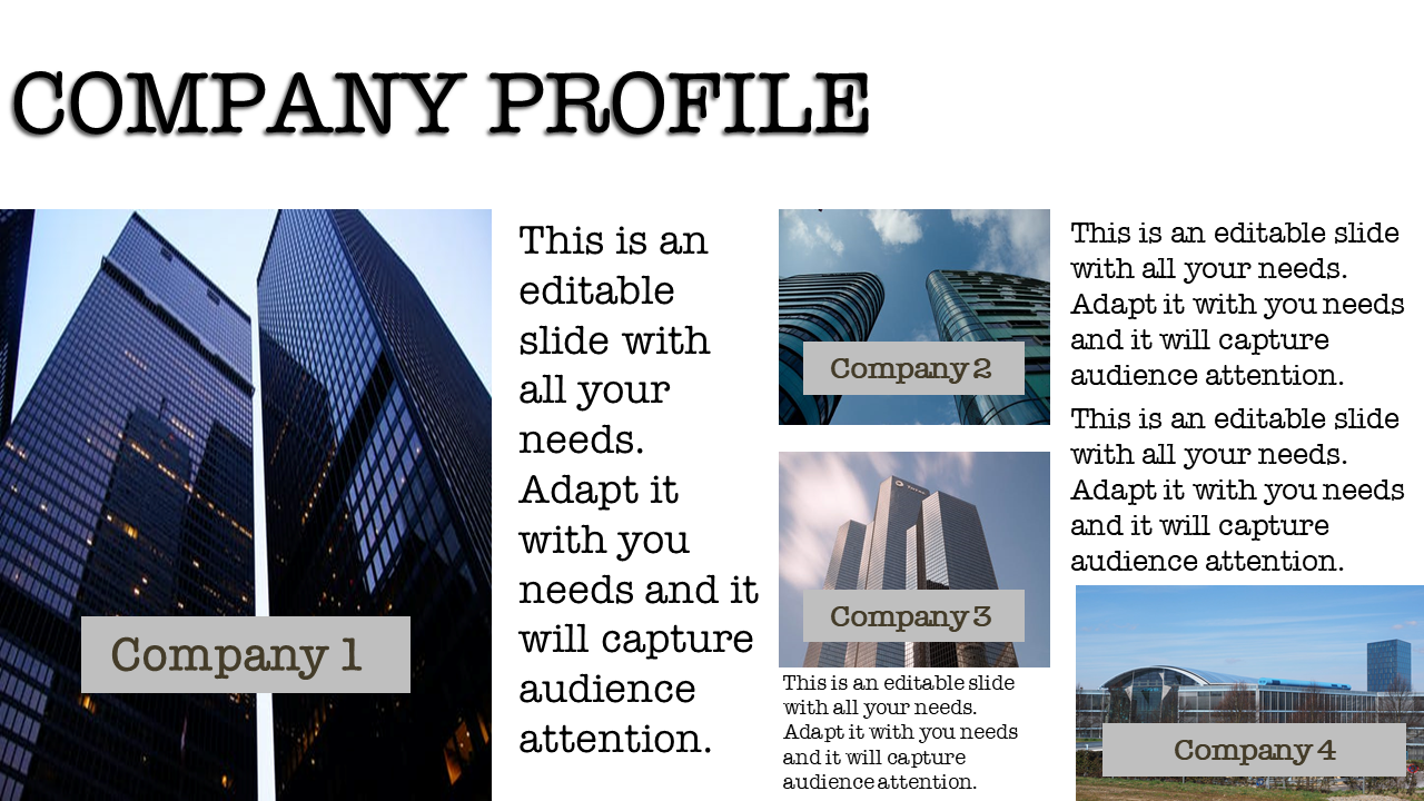 Company profile template with four labeled images of office buildings and placeholder text boxes for descriptions.