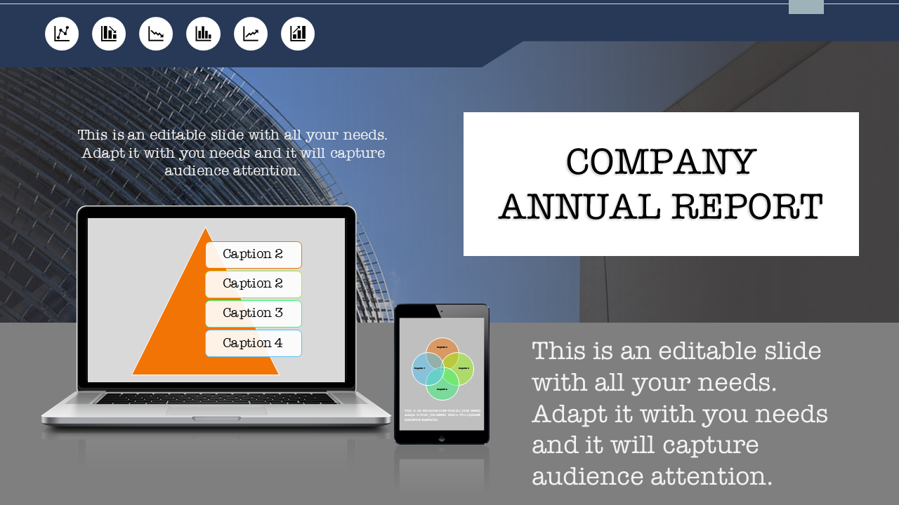 Slide showcasing company annual report visuals with a pyramid chart, a circular diagram, and a modern building backdrop.