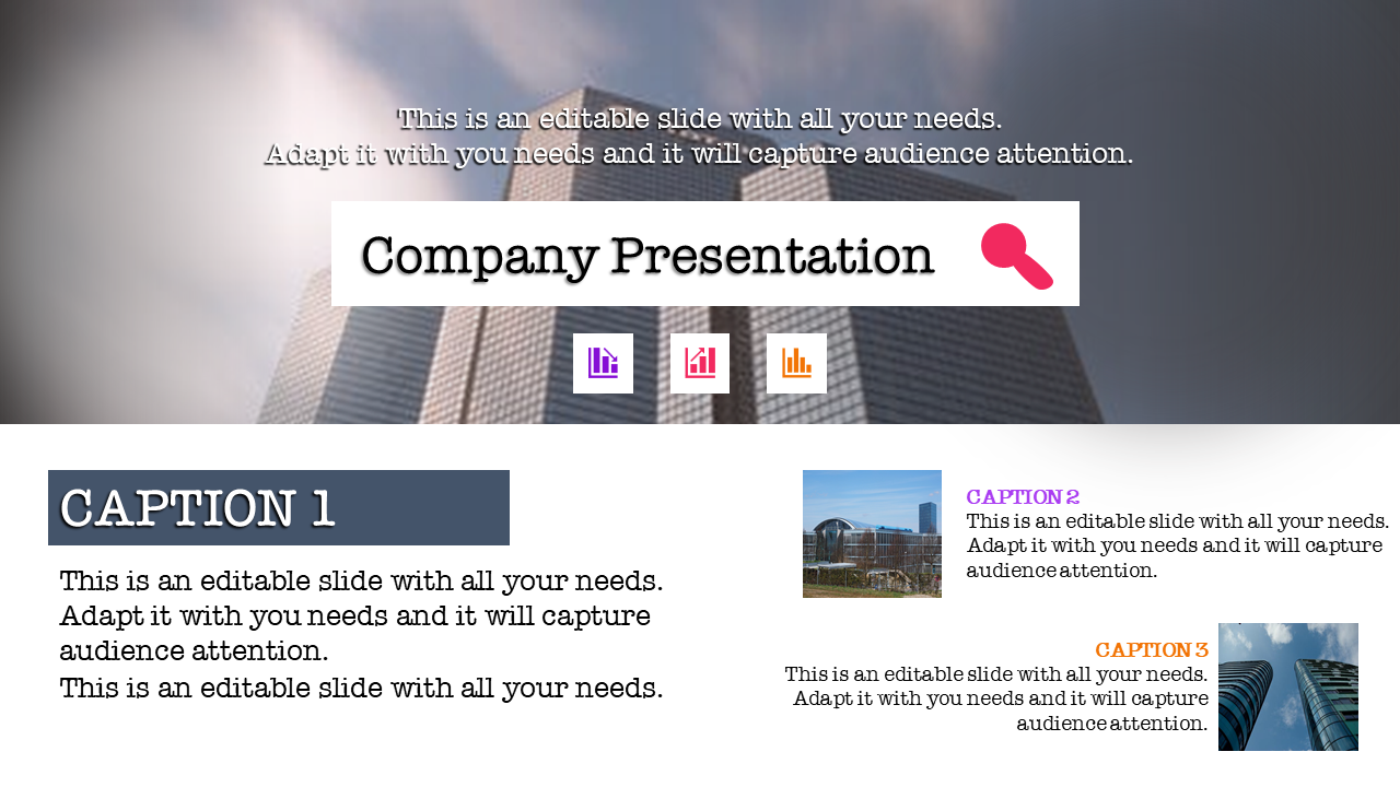 Company presentation slide with skyscraper background, featuring icons in the center, and three caption sections below.