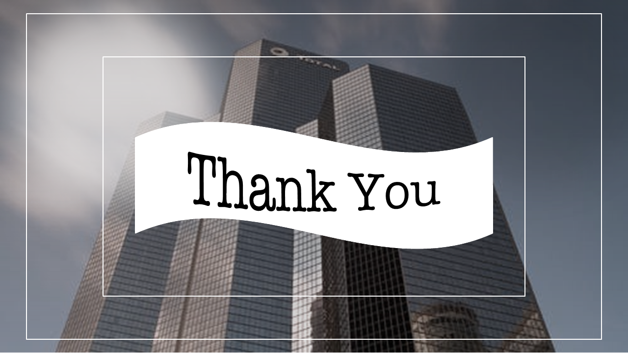 Modern thank you slide with bold text on a white ribbon overlay, set against a backdrop of skyscrapers.