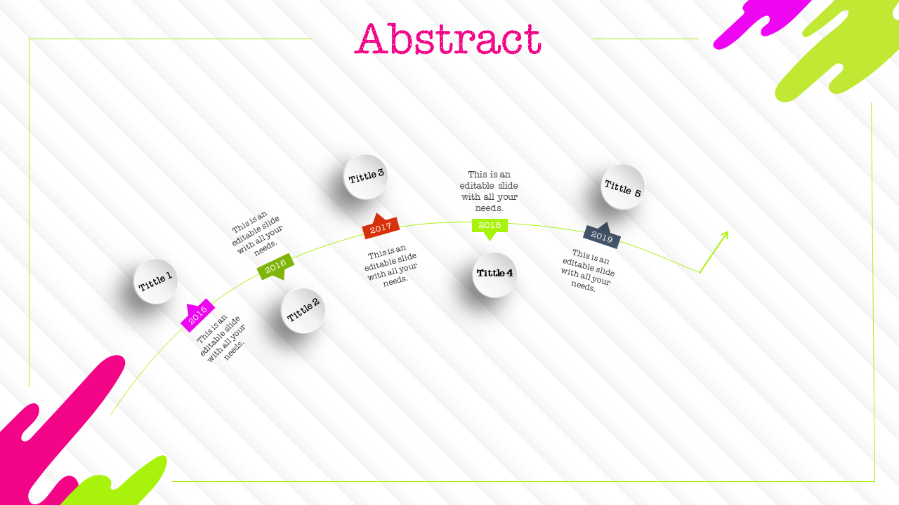 Abstract slide featuring a timeline with six points, each represented by circles and colored text labels.