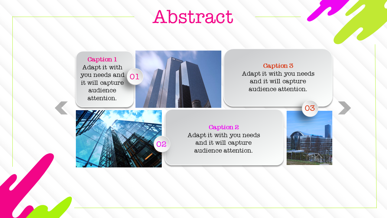 Abstract slide displaying three images of buildings with caption boxes, and pink and green splashes for decoration.