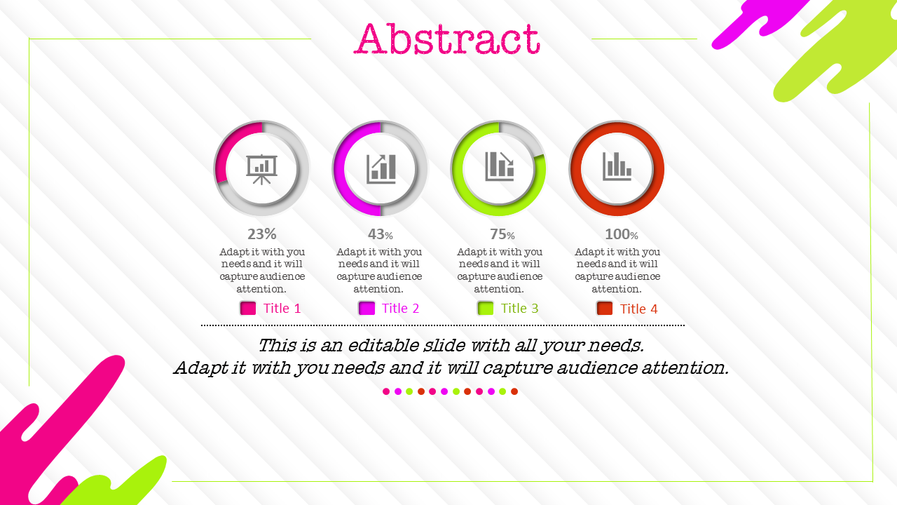 Abstract PowerPoint template with four data points with icons and percentages with placeholder text.