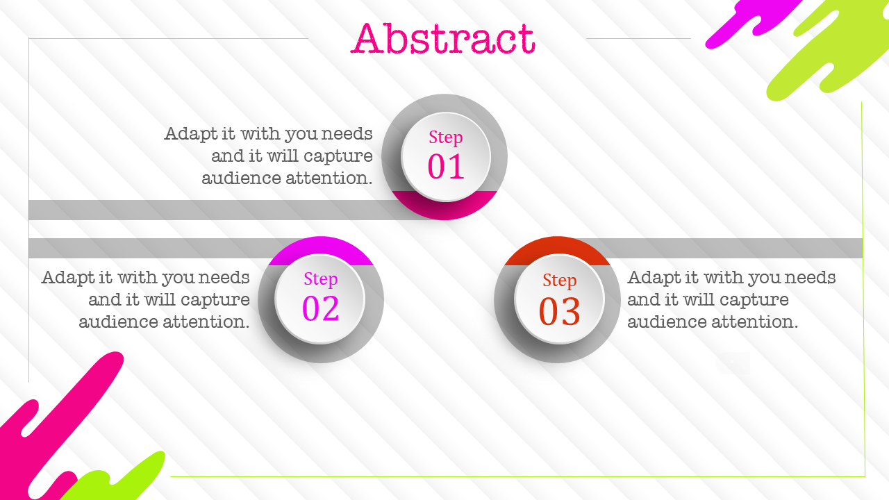 Three-step infographic with circular labels and abstract colorful splashes on a white diagonal stripe background.