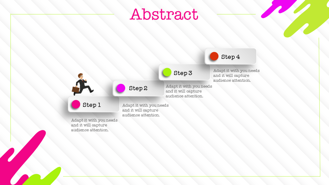 Abstract PPT slide with four steps, each represented by a colored circle and a character walking through the process.