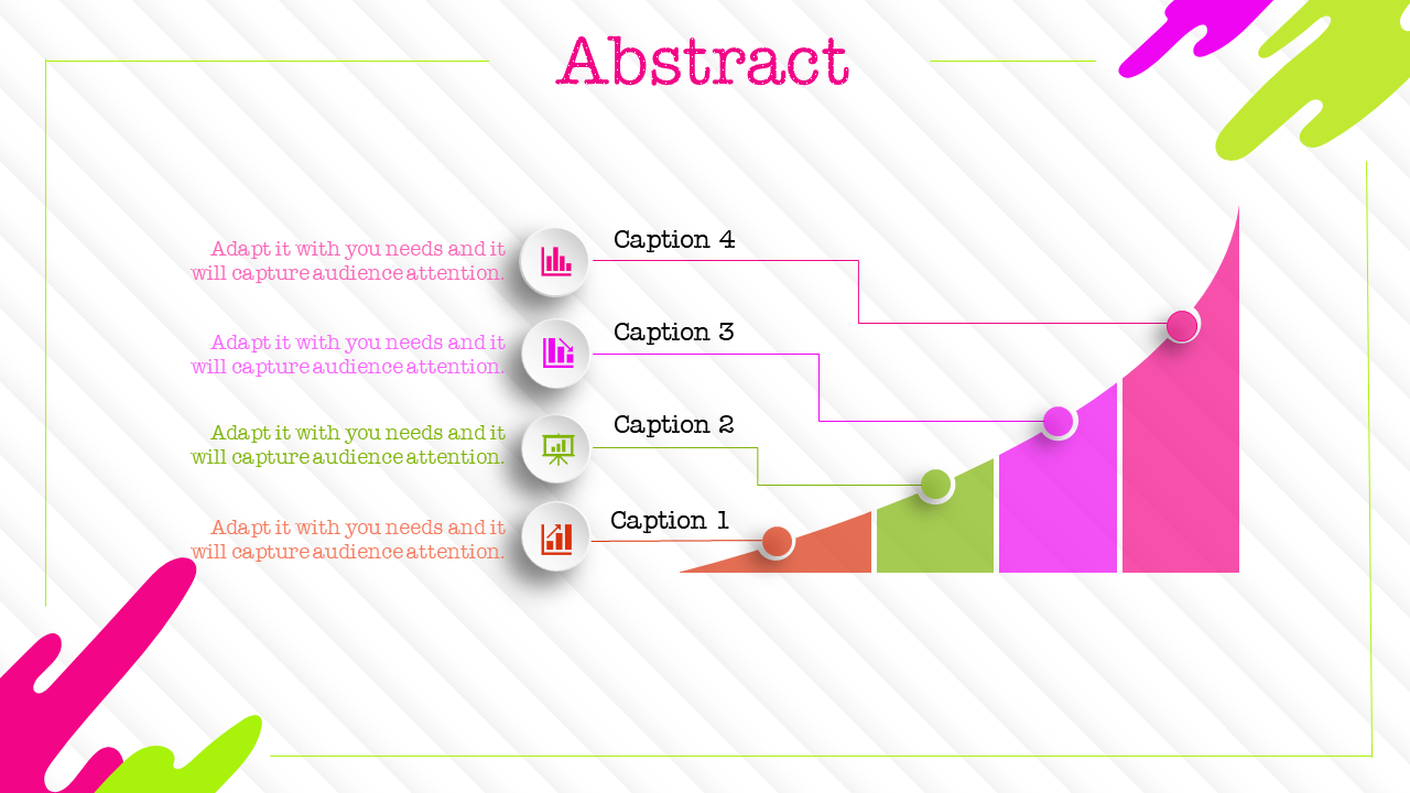 Gradient abstract chart showcasing ascending bars in orange, green, pink, and magenta with connecting captions.