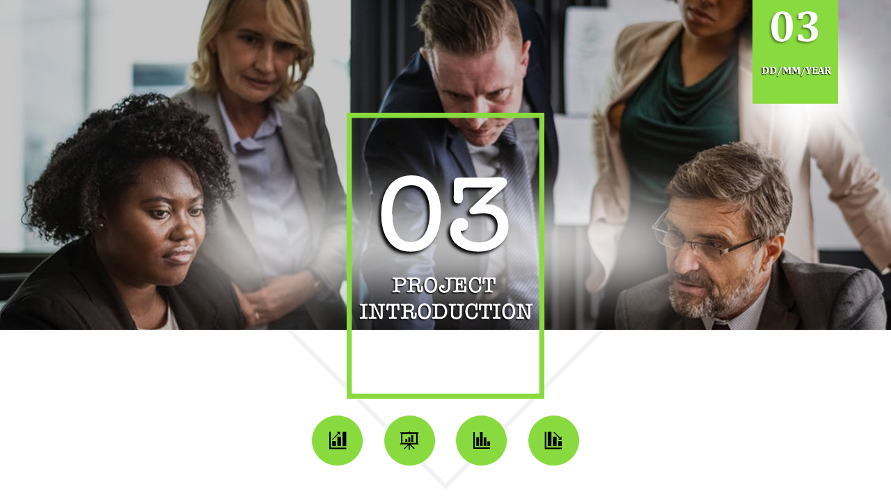 Focused business meeting image with green accents, bold white 03, and four icons at the bottom for a project slide.