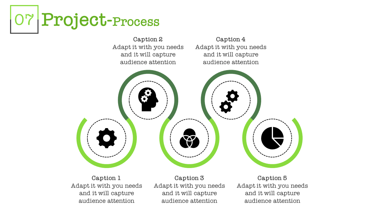 Project process slide featuring five sections with circular icons from gears to pie chart with captions.