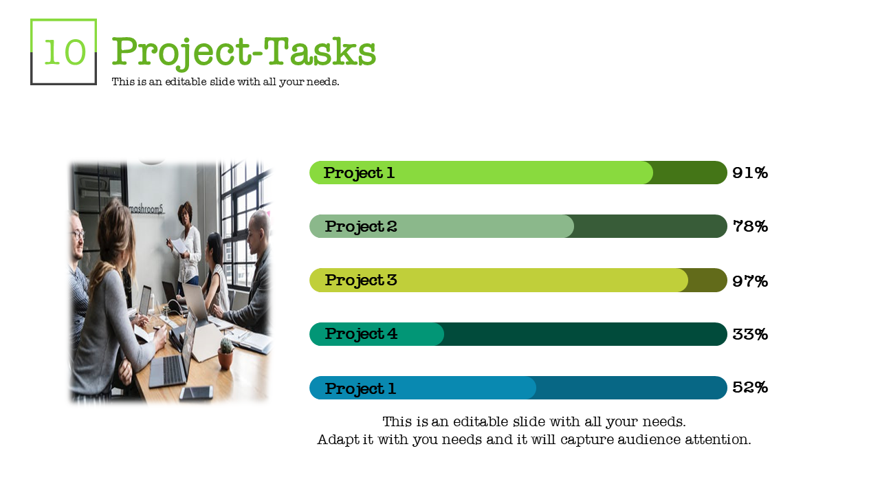 Project progress slide with office meeting photo and colorful horizontal progress bars showing completion percentages.