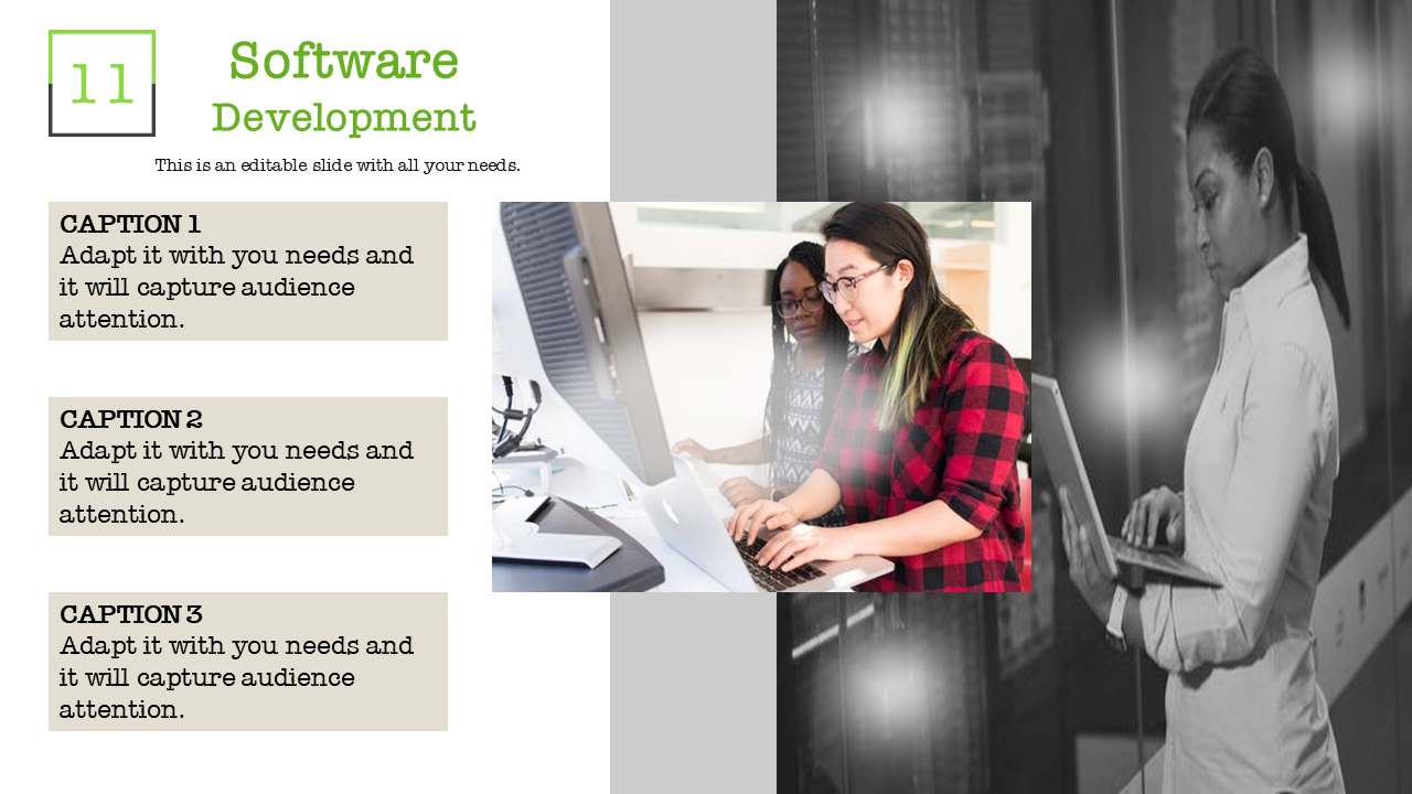 Software Development slide featuring a team collaborating at a computer, with space for captions.