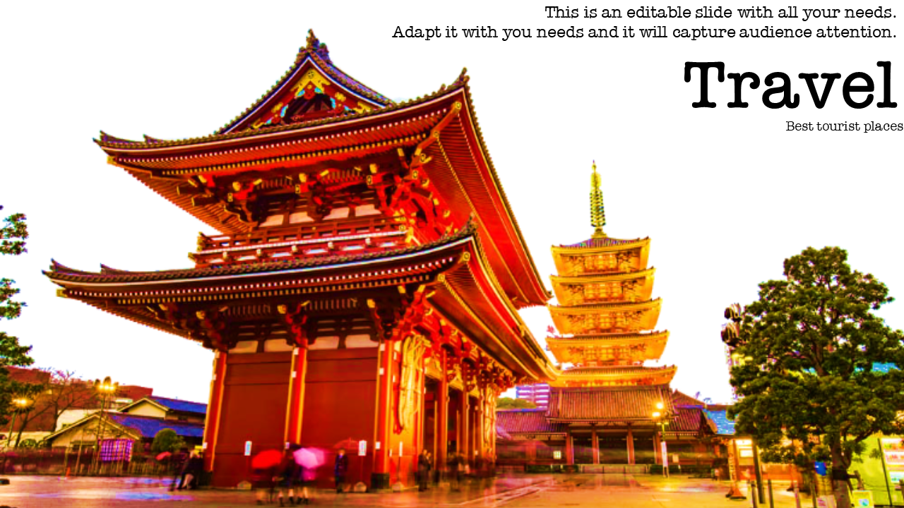 Japanese temple architecture in red and gold tones, surrounded by greenery, under a bright, clear sky.