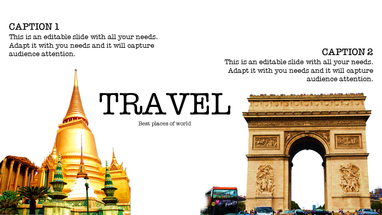 Travel presentation template featuring images of the Grand Palace and Arc de Triomphe with placeholder text.