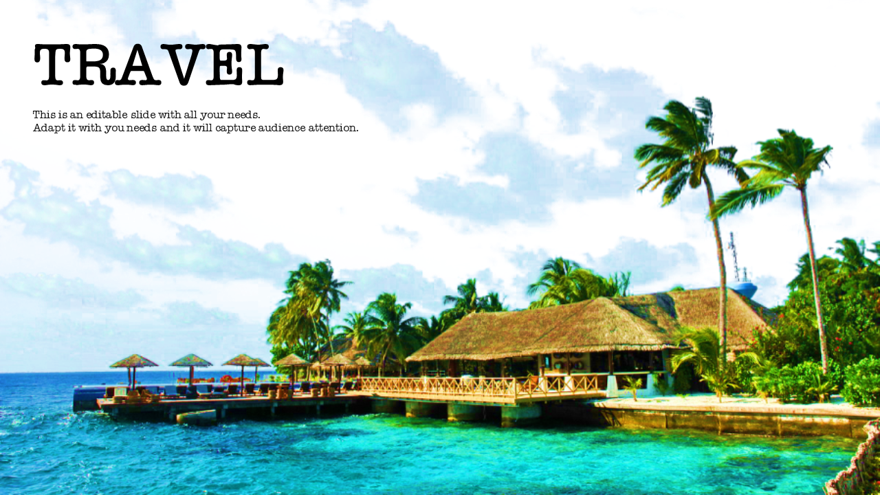 Tropical travel-themed slide with an image of a beach resort featuring thatched-roof huts, palm trees, and clear blue water.