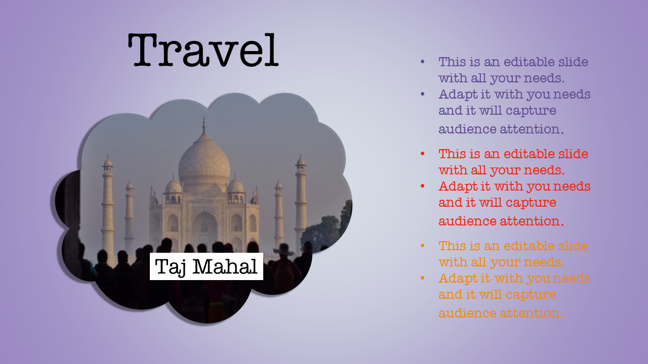 Taj Mahal in a cloud shaped frame on a purple gradient background with red, orange, and blue text bullets.