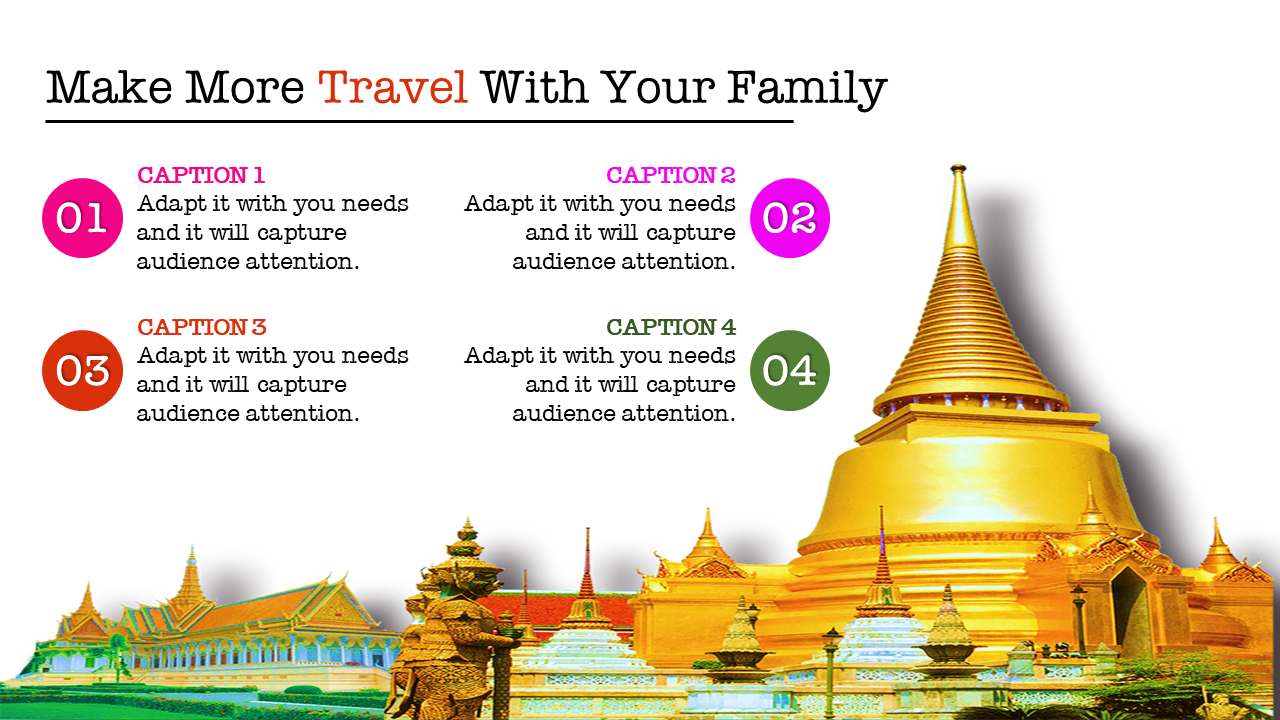 PowerPoint slide showcasing travel destinations with four captions, placeholder text, and a golden temple background.