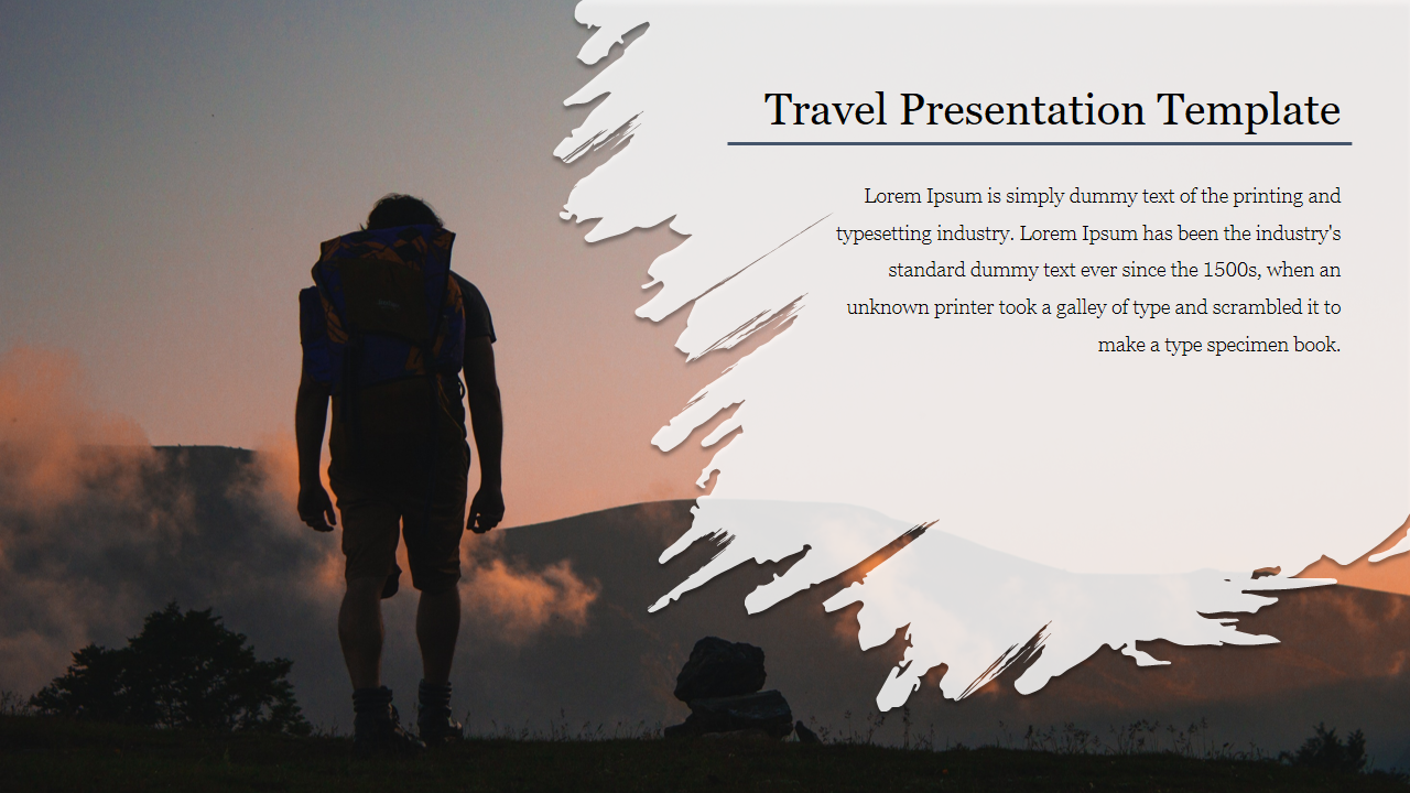 Slide with a silhouette of a person with a backpack in a sunset, featuring a travel template title and descriptive text.