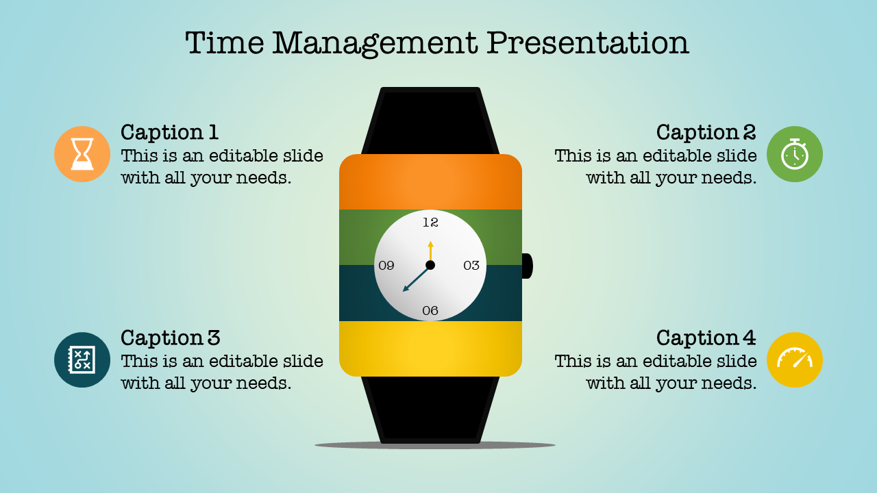 Time management slide featuring a watch graphic with a segmented face and four captions around it, each with icons.