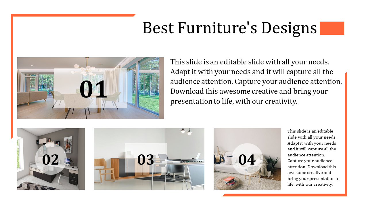 A modern furniture design slide featuring a large dining area image with smaller images of different interior setups.