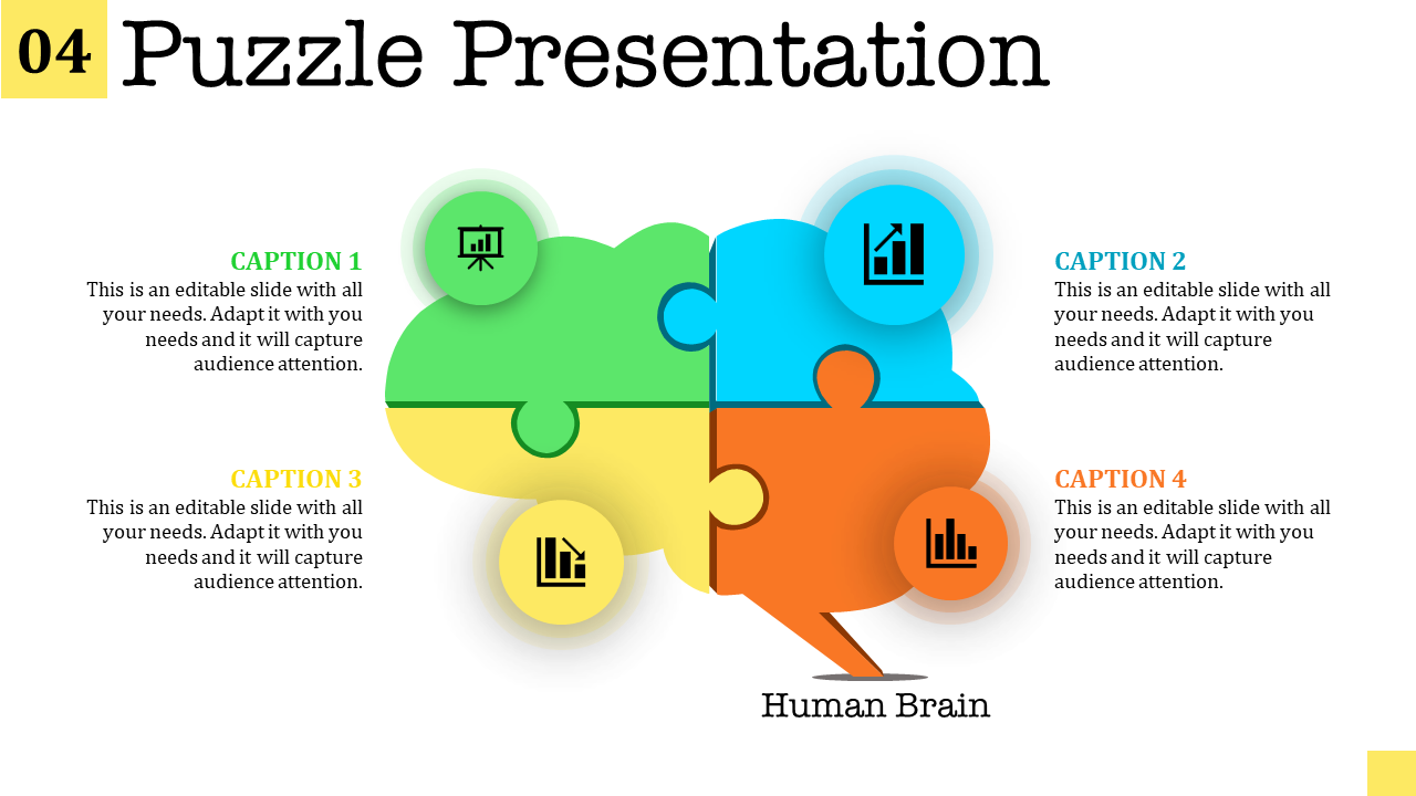 Four colored puzzle pieces forming a brain shape in green, blue, yellow, and orange, with icons and captions around it.