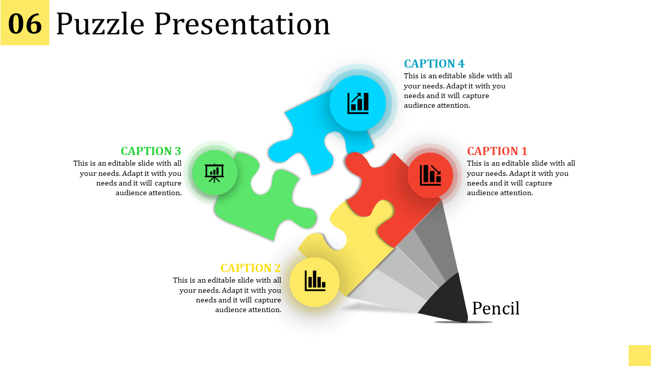 Slide featuring a pencil connecting four colored puzzle pieces, each labeled with captions with layout.