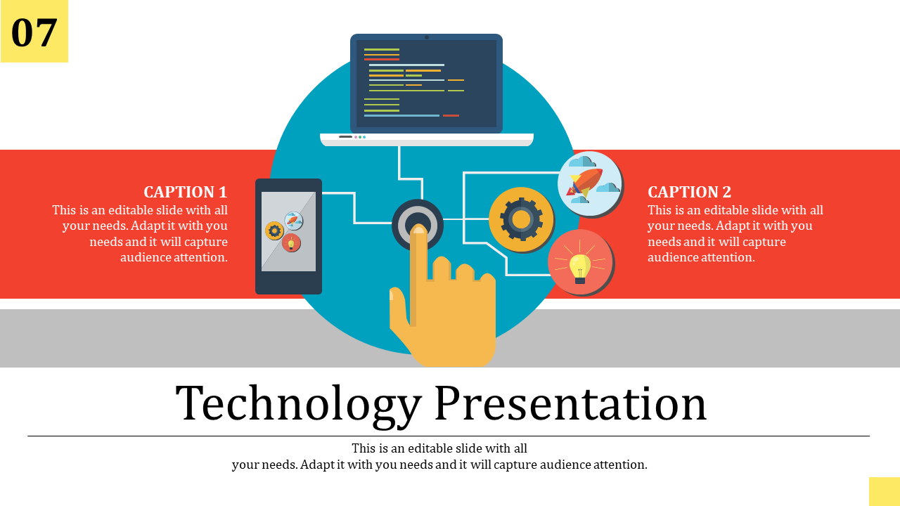 Technology-themed slide featuring a hand touching a network hub, linking various devices and elements.