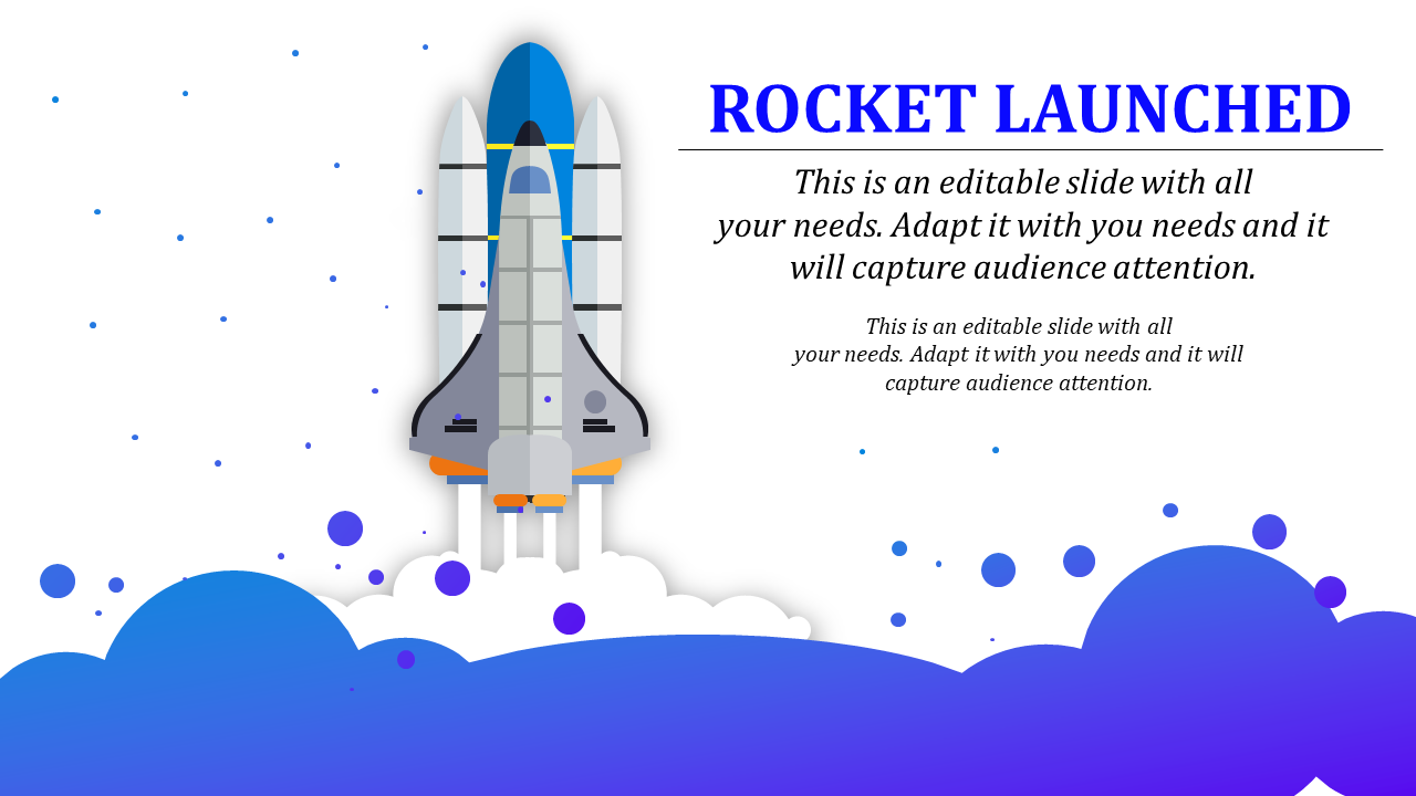 Rocket illustration launching above curved blue clouds with scattered dots, and text on a white background.