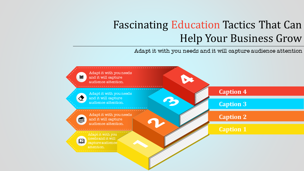 Stacked book shaped infographic with colorful layers labeled 1 to 4, paired with captions and icons on the side.