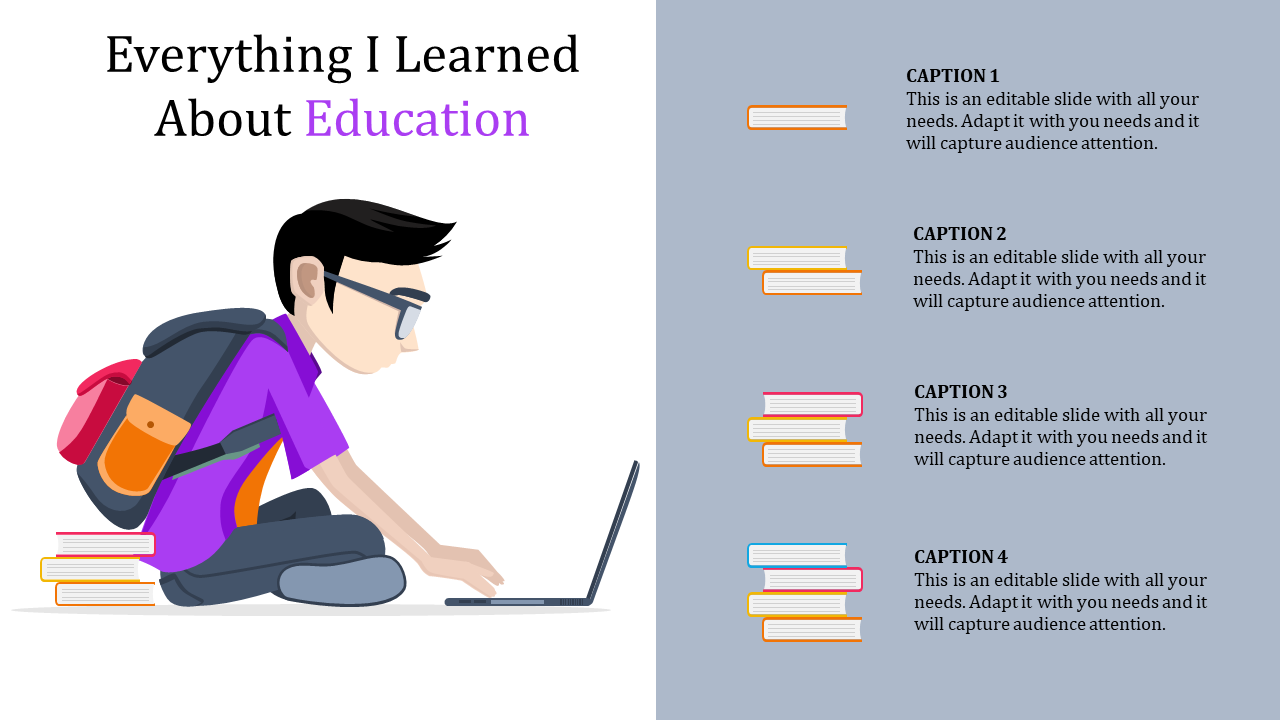 Educational slide featuring a student sitting with a laptop and four captions with book icons on a light blue background.