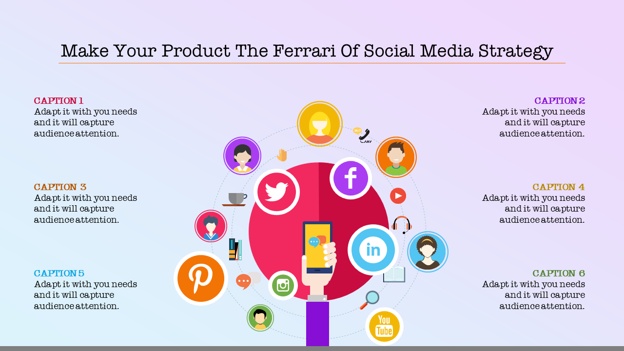 Social media strategy slide with a central smartphone graphic surrounded by icons on a purple and white shaded backdrop.