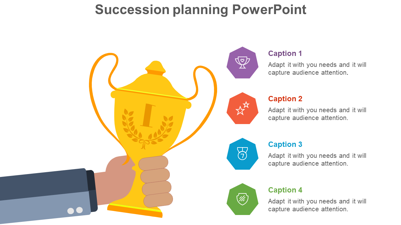 PowerPoint slide for succession planning featuring a trophy with different colored captions for each section.