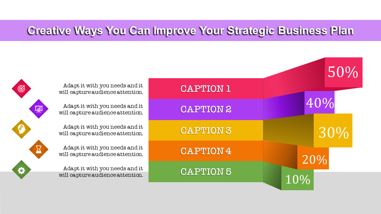 Infographic with five colorful stacked bars and icons representing strategic business plan elements.