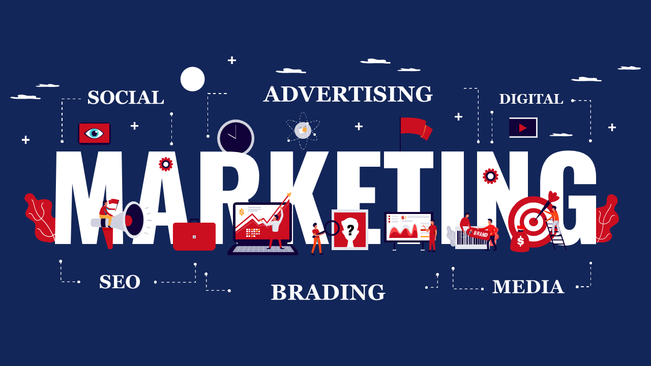 Vibrant illustration of digital marketing concepts with abstract shapes and figures, in bold red and blue tones.