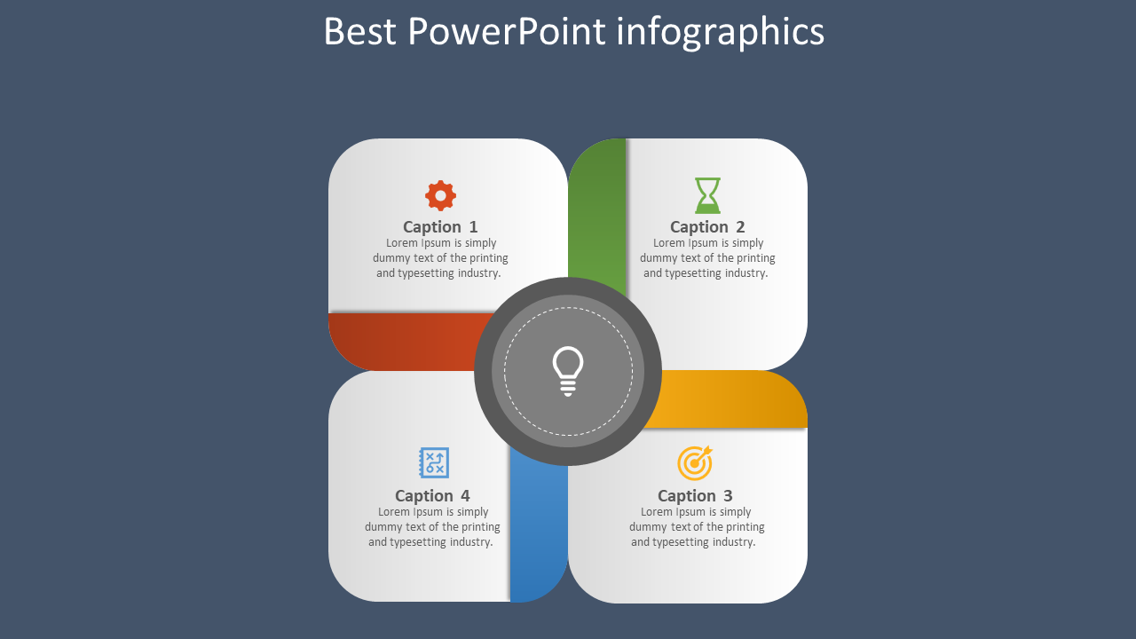 Corporate infographic design showing four sections with icons, centered innovation symbol, and modern color scheme.